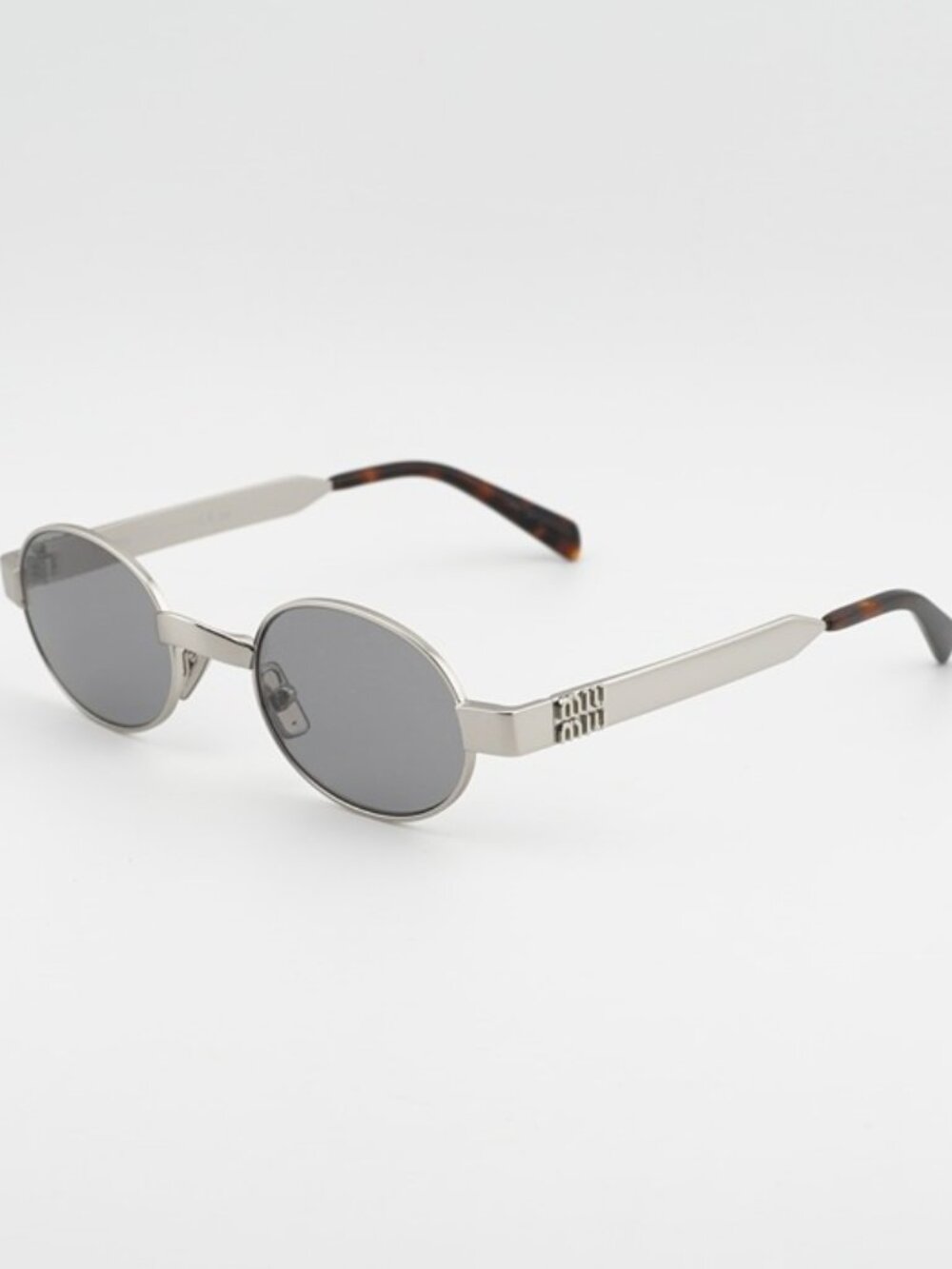 Miu Miu MUB51S 21M50Q Sunglasses Old Silver Oval Frame, Grey Lenses